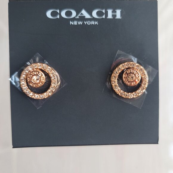COACH Signature Rose Gold-Tone Open Circle Pave Crystals Halo Stud Earrings - Picture 1 of 15